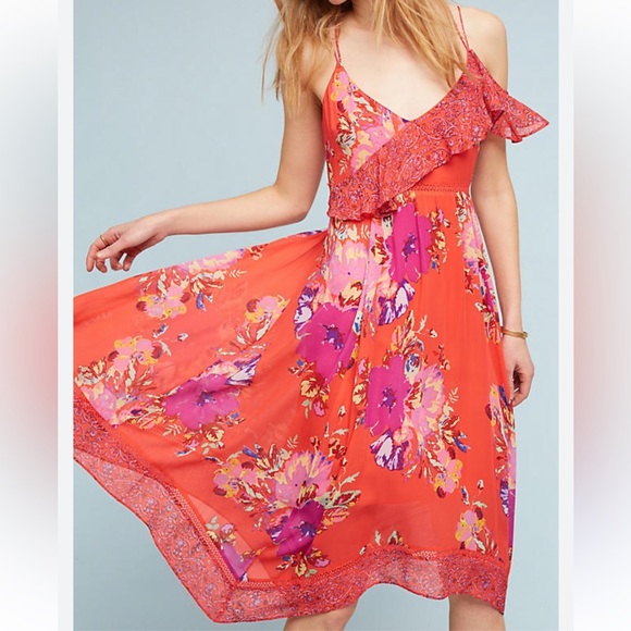 Anthropologie Dresses & Skirts - Anthropologie Floral Grecia Ruffle Dress by Maeve, Red Motif, Size 6